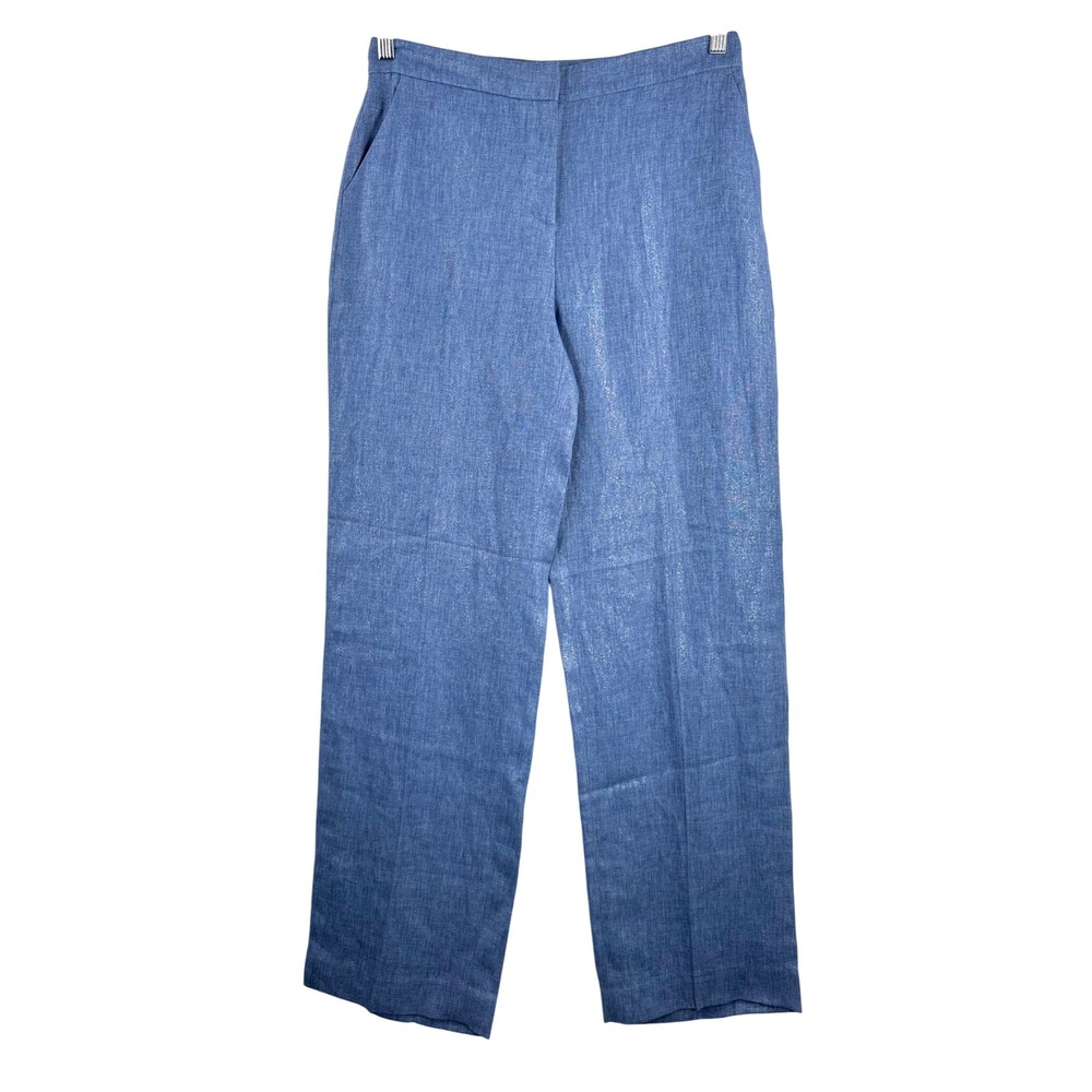 Zara Trousers sz S Blue Metallic Linen Blend High Waist Straight Leg